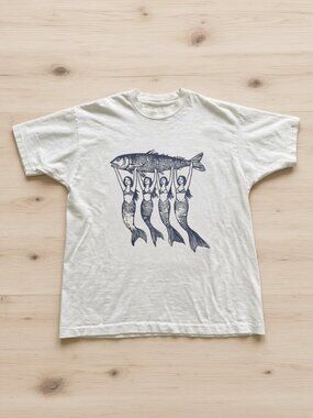 Mermaids Holding Fish Linocut White Cottagecore Graphic T-Shirt
